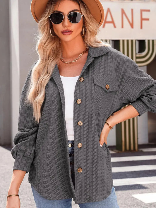 Textured Button Up Long Sleeve Shacket nicholesgifts