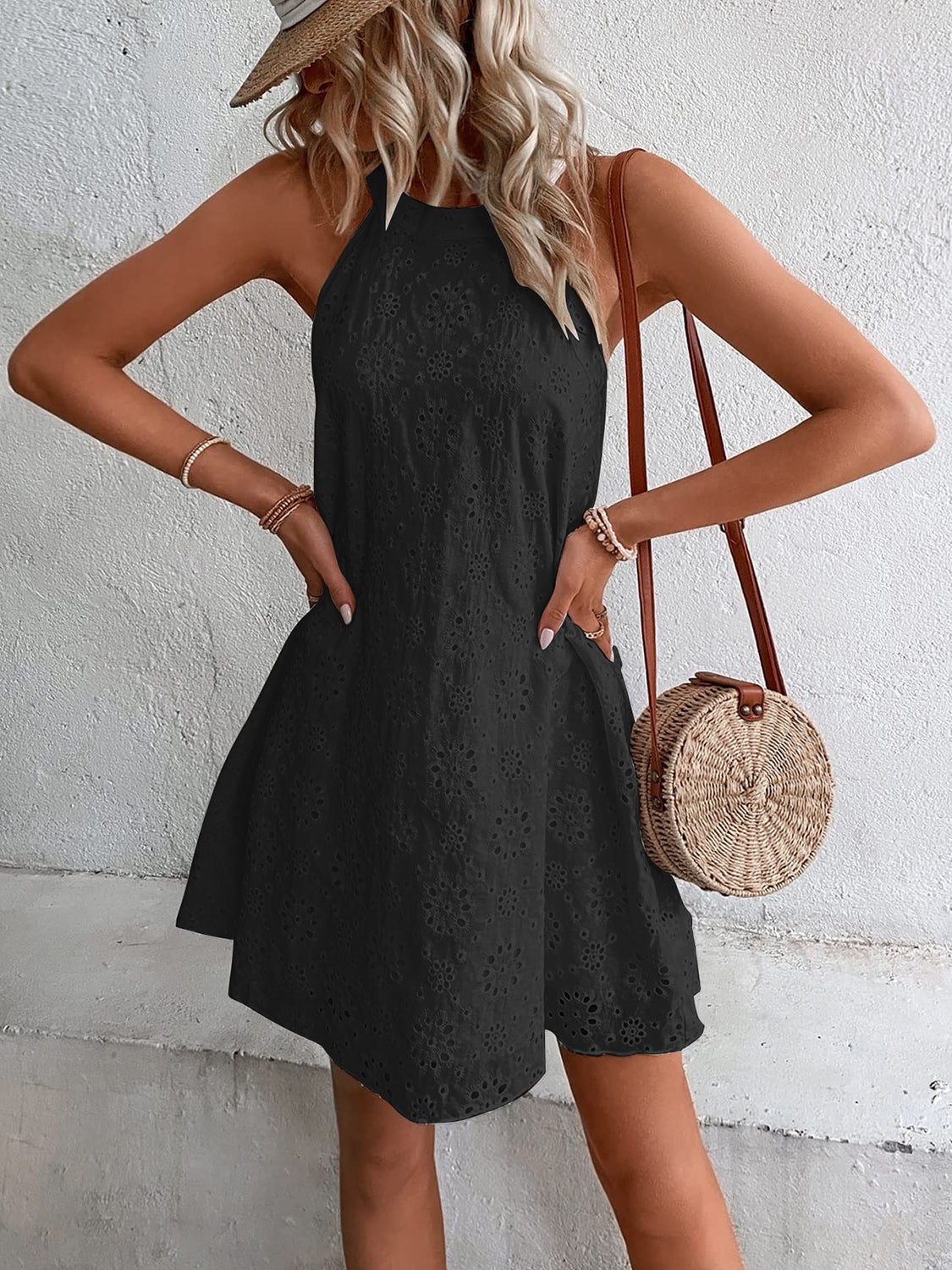 Women Eyelet Grecian Neck Mini Dress