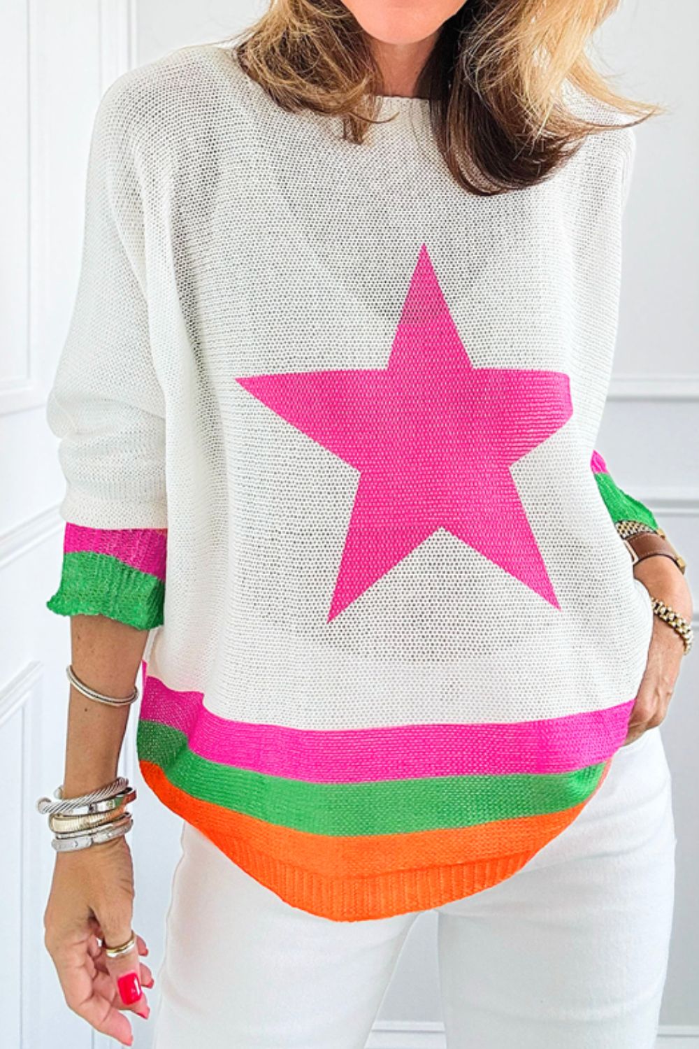 Star Contrast Round Neck Long Sleeve Knit Top NicholesGifts