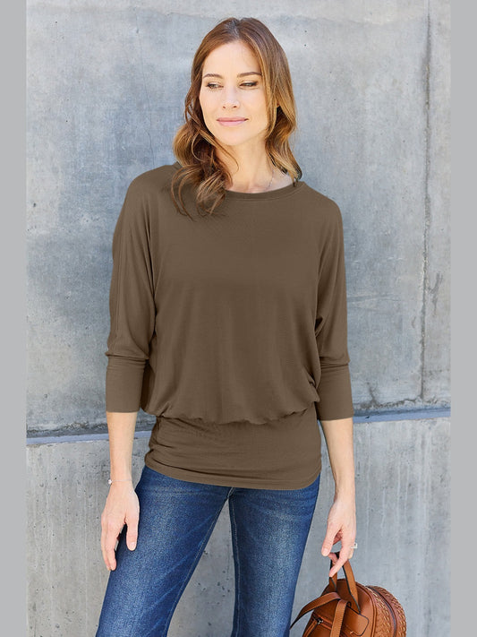 Women Basic Bae Full Size Round Neck Batwing Sleeve Blouse NicholesGifts