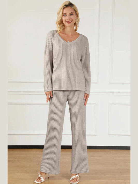 Ribbed V-Neck Top and Pants Lounge Set nicholesgifts