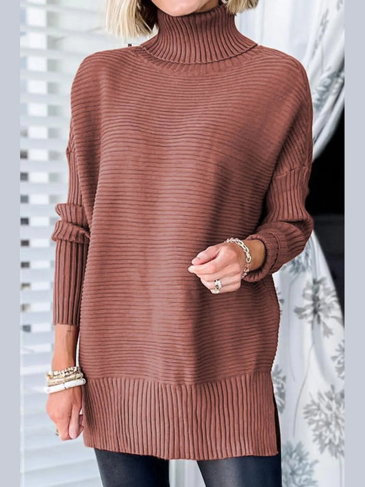 Ribbed Turtleneck Dropped Shoulder Pullover Sweater Trendsi