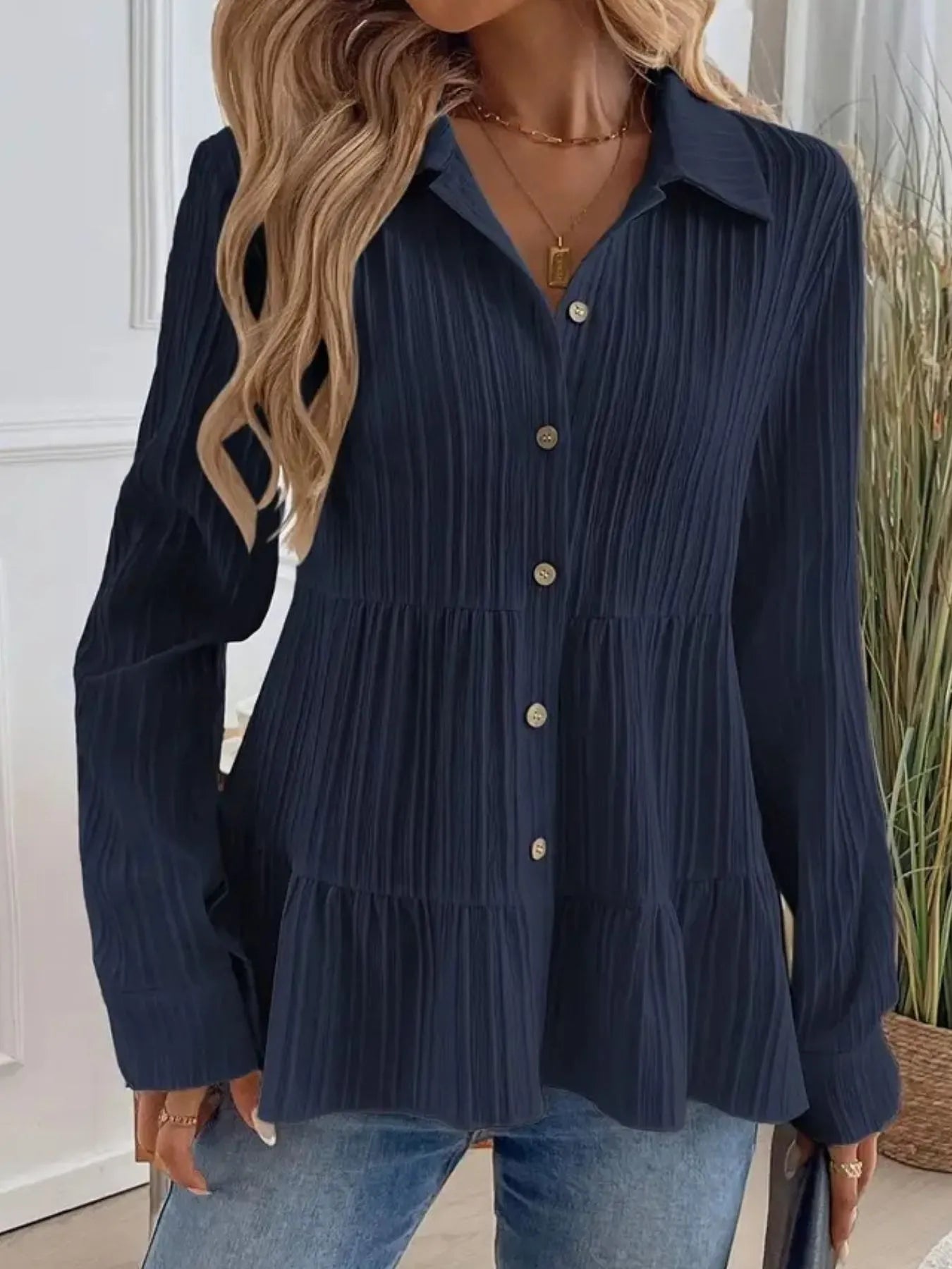 Women Striped Button-Down Tiered Shirt