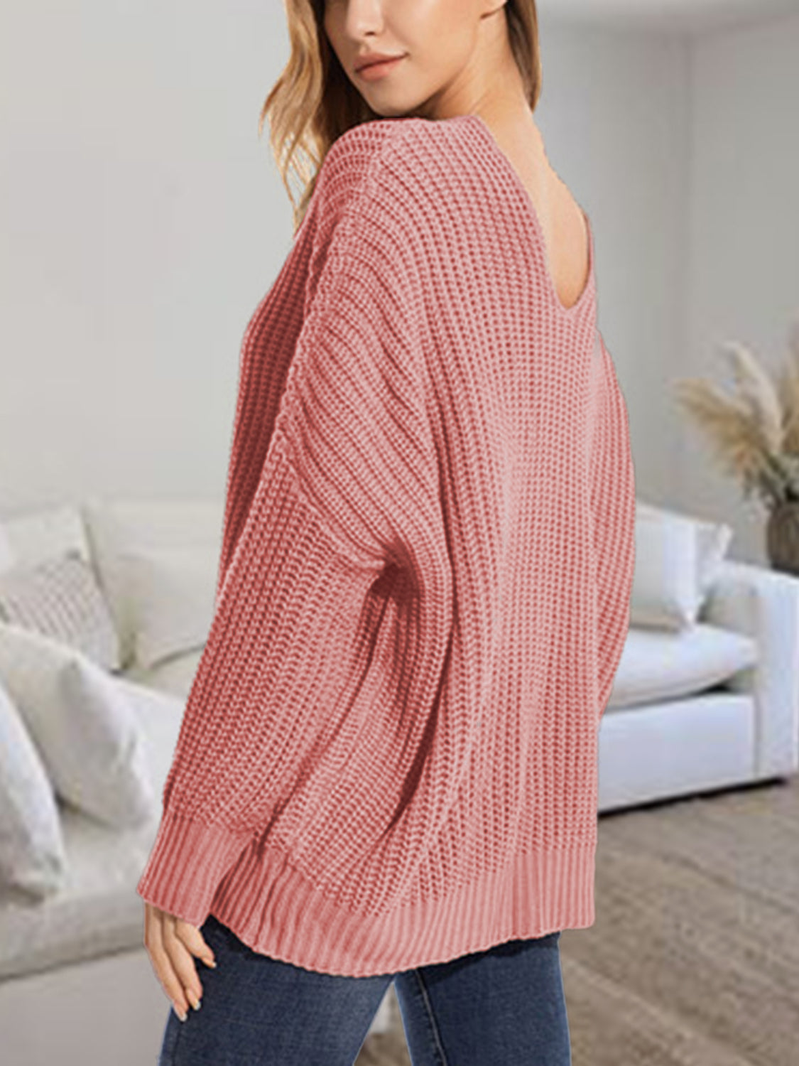 V-Neck Batwing Dropped Shoulder Sweater Trendsi