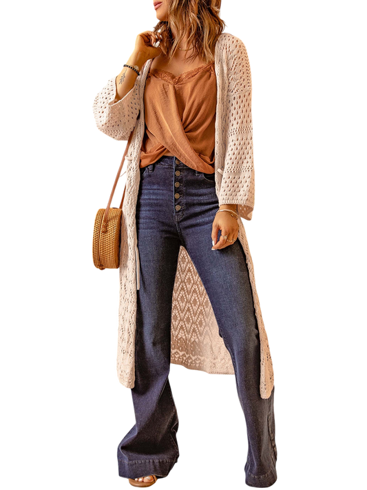 Women Dropped Shoulder Long Sleeve Beige Crochet Duster Cardigan NicholesGifts