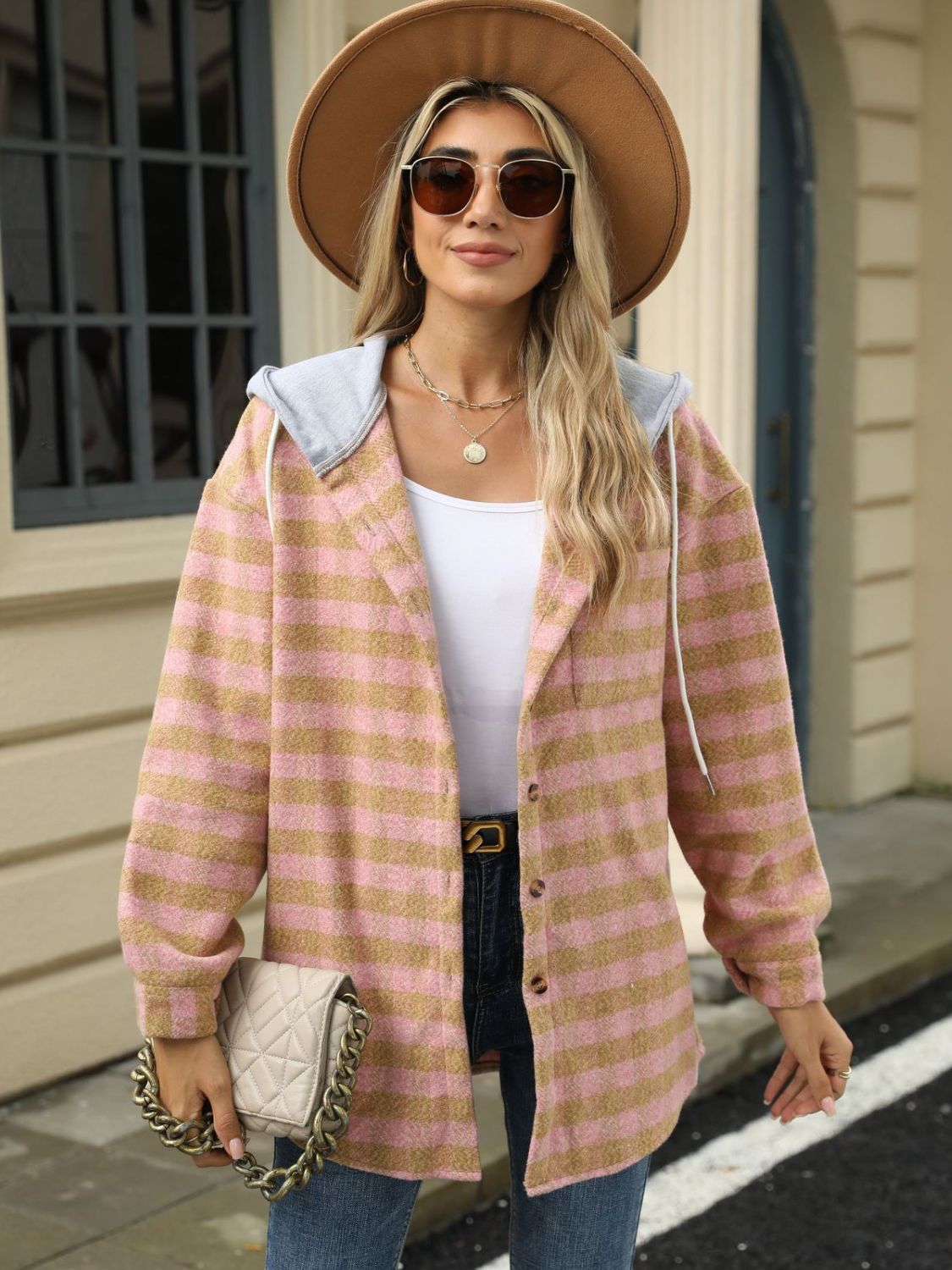 NicholesGifts Women Drawstring Plaid Long Sleeve Hooded Jacket NicholesGifts