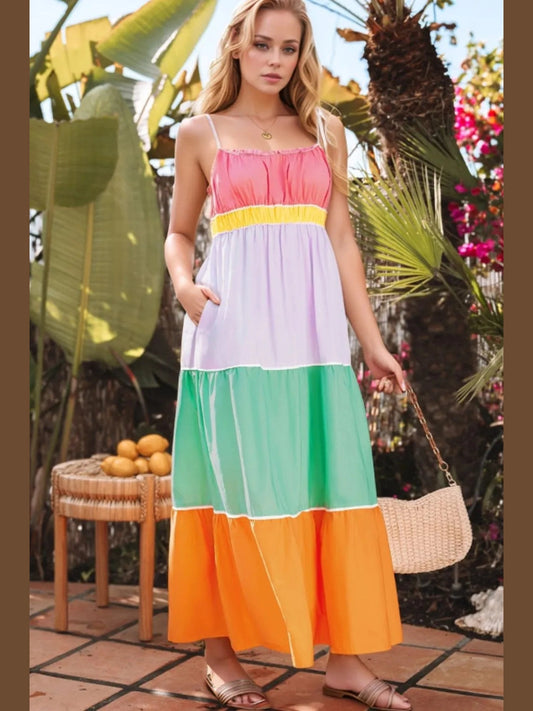 Color Block Flowy Tiered Maxi Dress with Pockets NicholesGifts