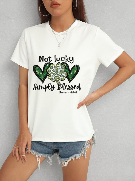 Women Lucky Clover Round Neck Short Sleeve T-Shirt