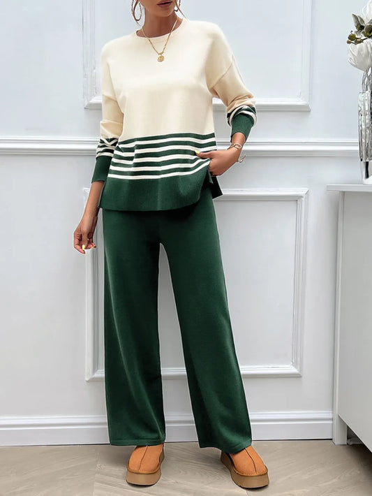 Devine Slit Striped Round Neck Top and Pants Sweater Set nicholesgifts