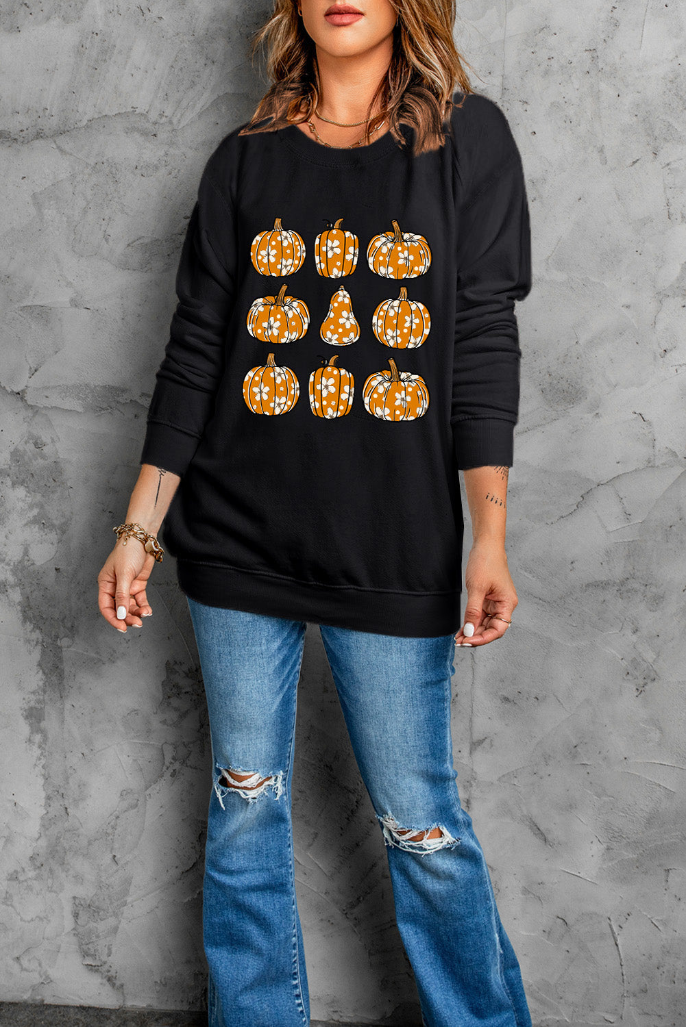 Pumpkin Round Neck Long Sleeve Sweatshirt NicholesGifts