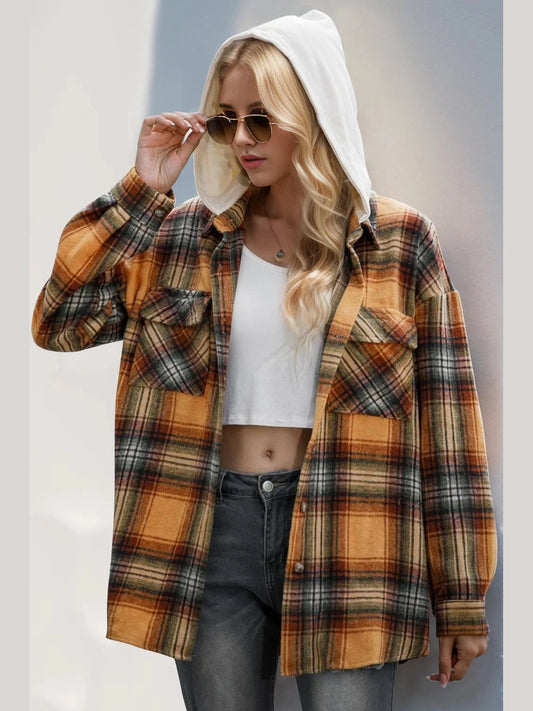 Double Take Drawstring Plaid Long Sleeve Hooded Shacket Trendsi