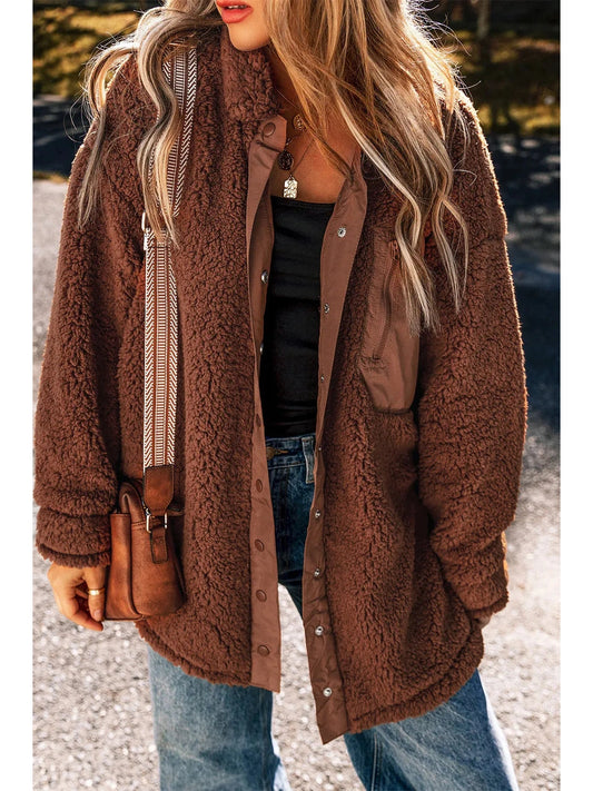 Fuzzy Snap Down Dropped Shoulder Jacket NicholesGifts