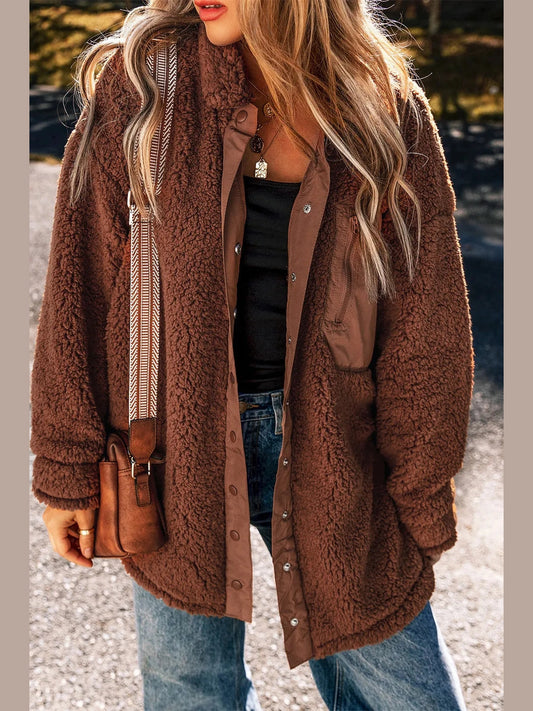 Fuzzy Snap Down Dropped Shoulder Jacket nicholesgifts