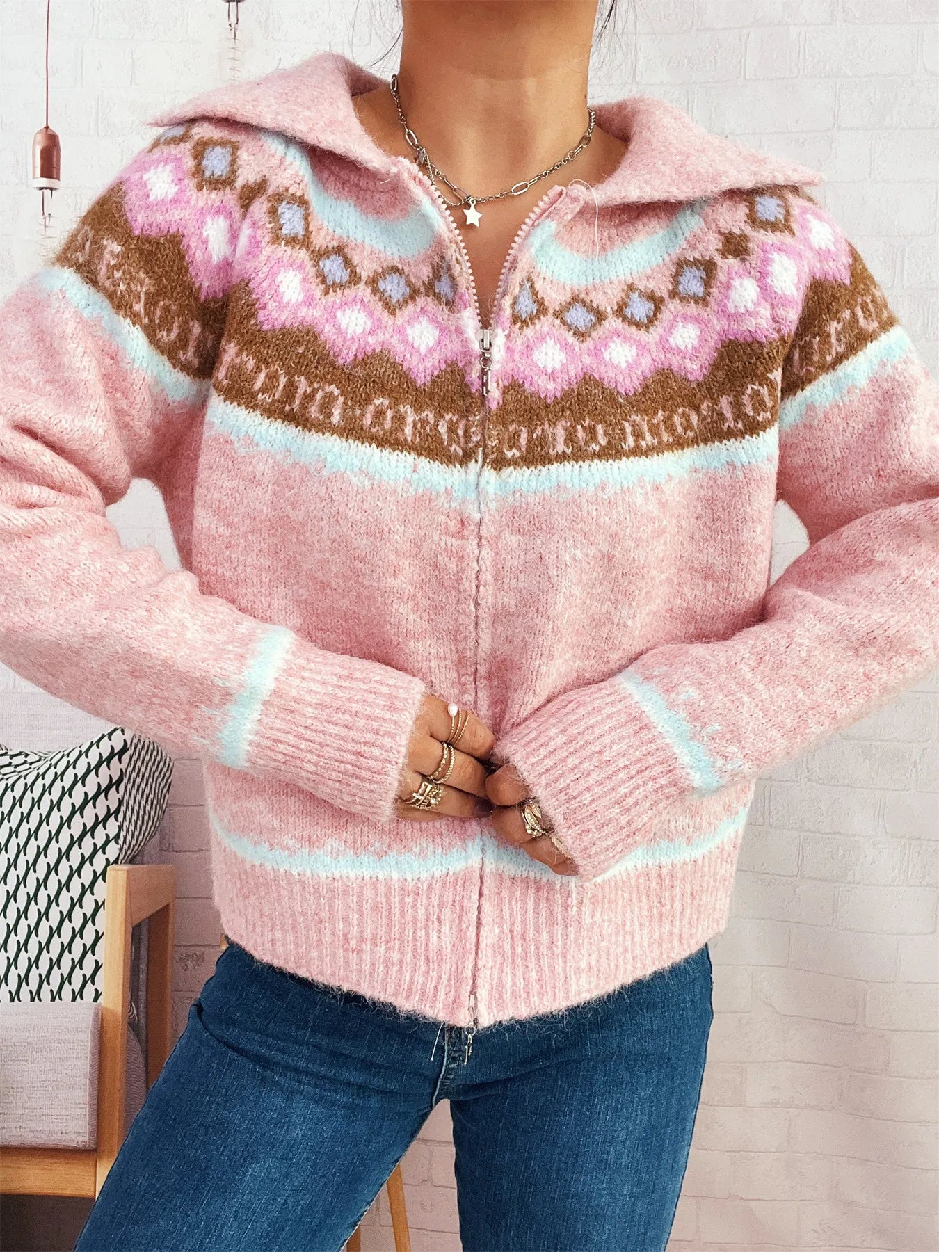 Fair Isle Pattern Zip-Up Cardigan