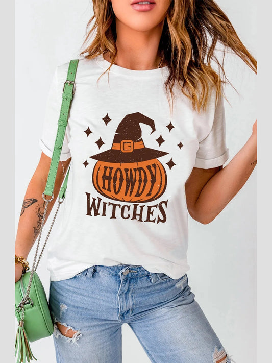 HOWDY WITCHES Round Neck Short Sleeve T-Shirt Trendsi