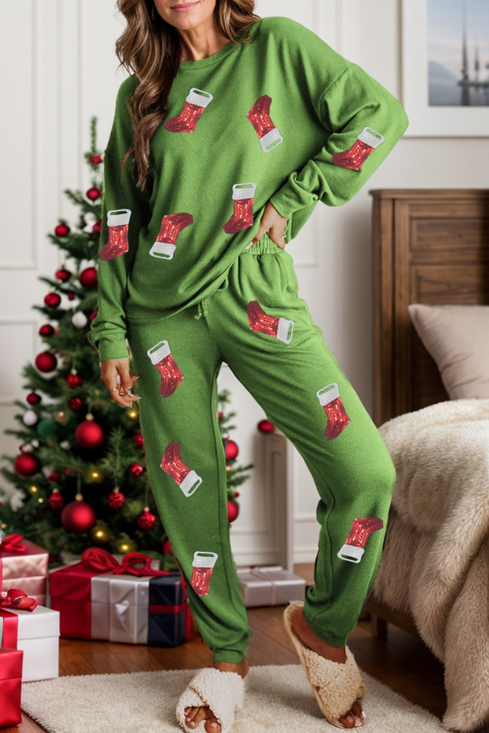 Sequin Socks Round Neck Long Sleeve Top and Pants Lounge Set NicholesGifts