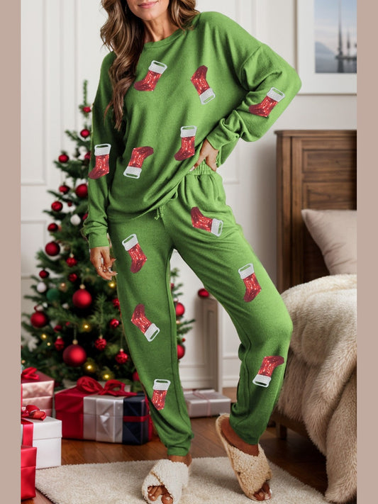 Sequin Socks Round Neck Long Sleeve Top and Pants Lounge Set NicholesGifts
