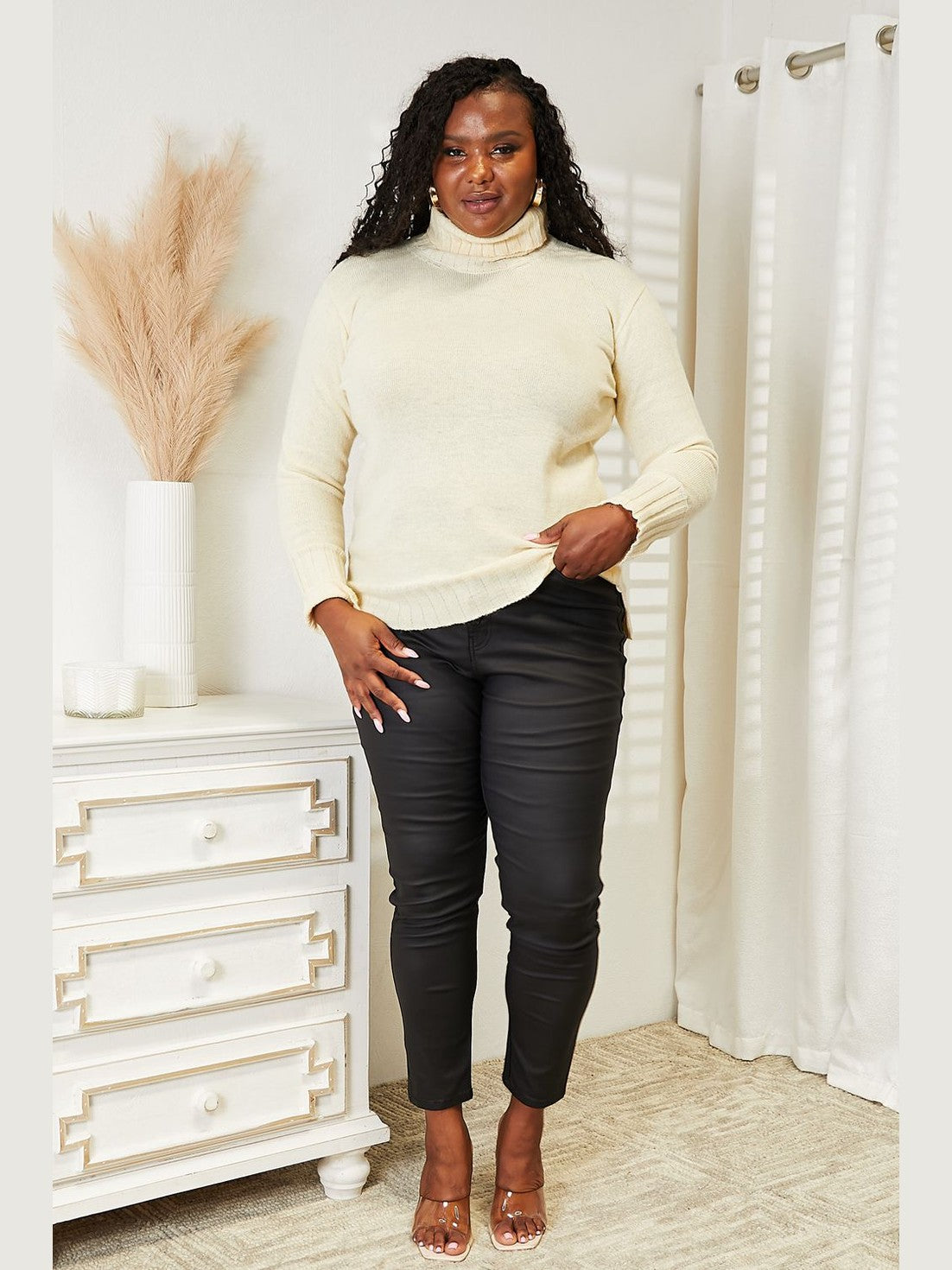 Heimish Full Size Long Sleeve Turtleneck Sweater with Side Slit Trendsi