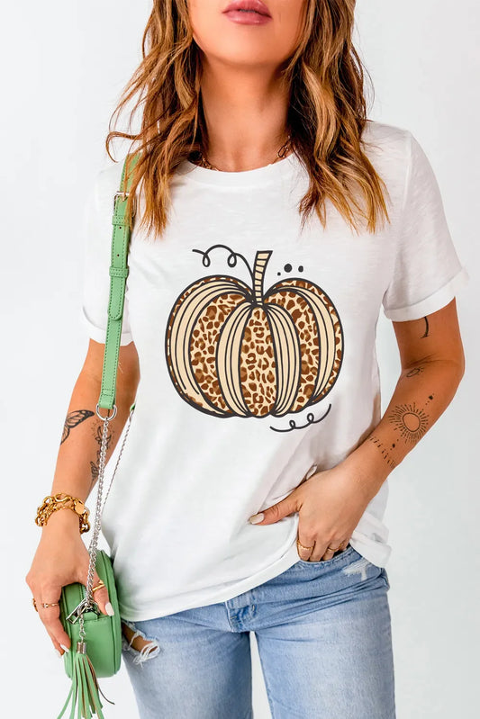 White Pumpkin Round Neck T-Shirt with leopard print pumpkin graphic, short sleeves, and casual fit