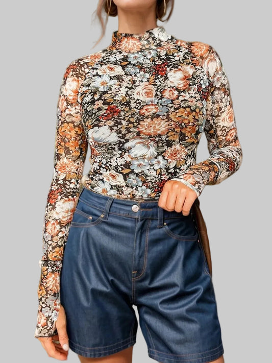 Floral Mock Neck Long Sleeve Top nicholesgifts