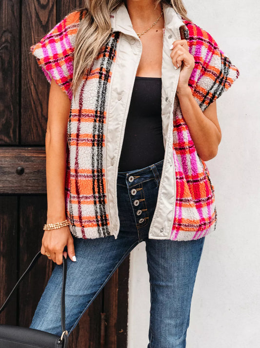 Sherpa Plaid Snap Down Vest Coat nicholesgifts