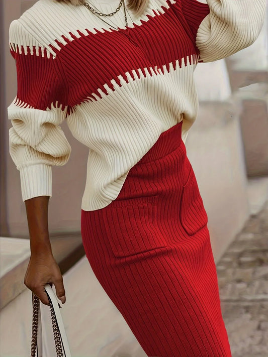 Two-Tone Ribbed Knit Top and Skirt Sweater Set nicholesgifts