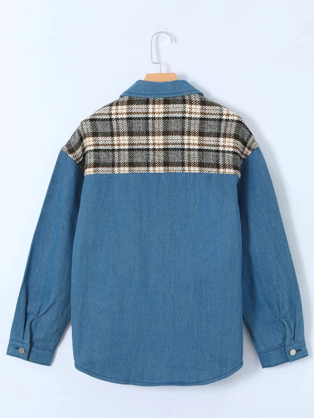 Plaid Pocketed Button Up Denim Jacket nicholesgifts