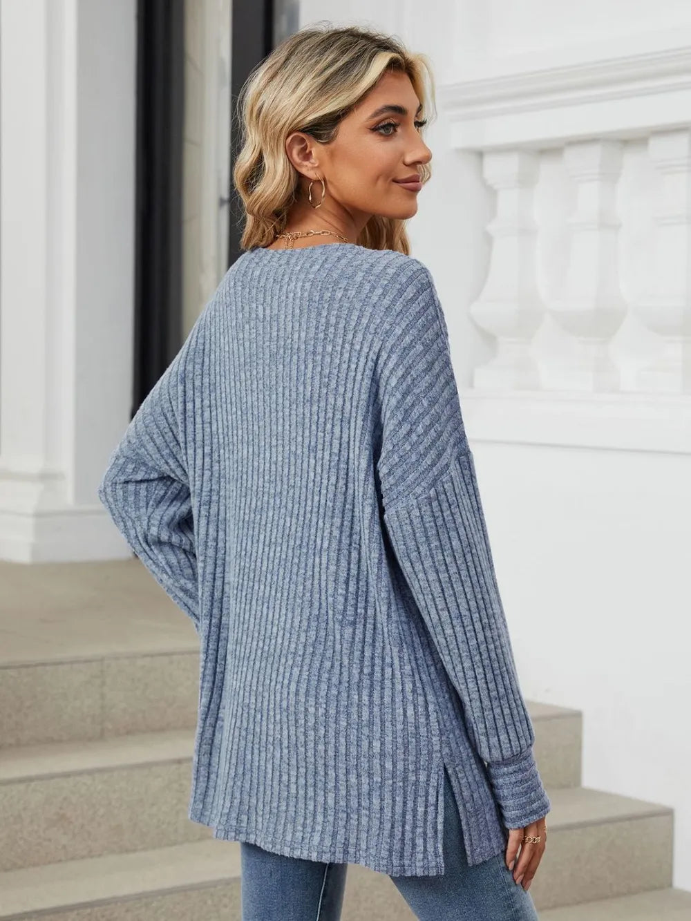 Ribbed Round Neck Long Sleeve T-Shirt nicholesgifts