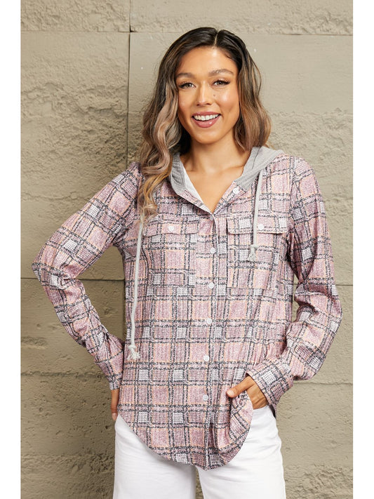 Double Take Plaid Long Sleeve Hooded Jacket NicholesGifts