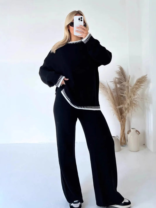 Contrast Trim Round Neck Top and Pants Sweater Set NicholesGifts