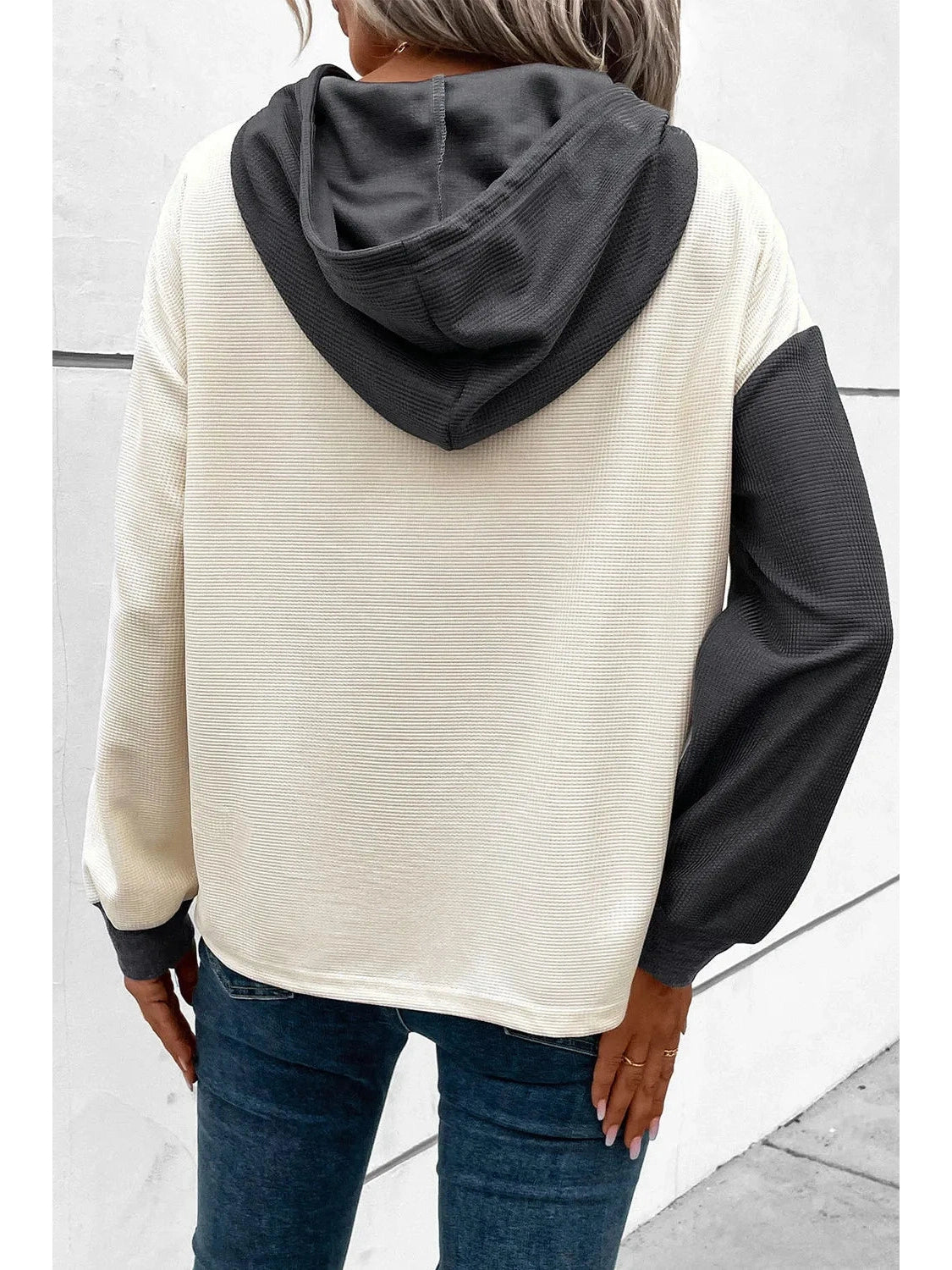 NicholesGifts Women Drawstring Quarter Button Contrast Long Sleeve Hoodie