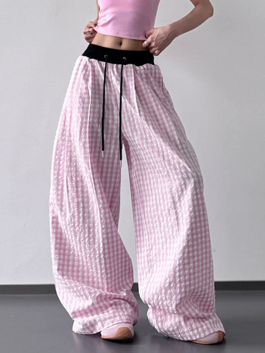 Gingham Wide Leg Drawstring Pants Trendsi