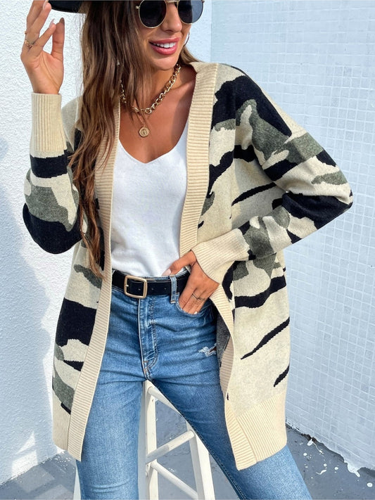 Women Camouflaged Dropped Shoulder Open Front Cardigan