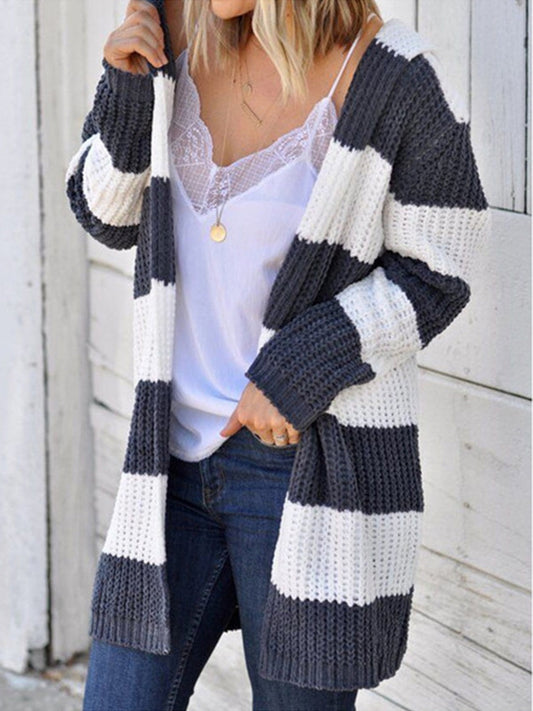 Women Striped Open Front Hooded Cardigan