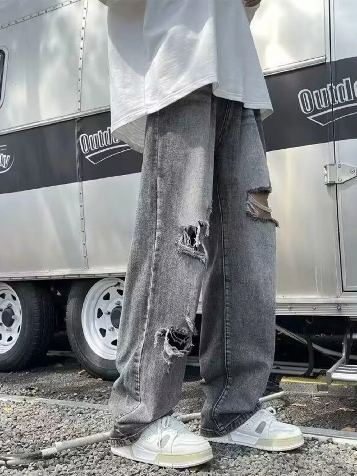 Men's Full Size Distressed Wide Leg Jeans Plus Size