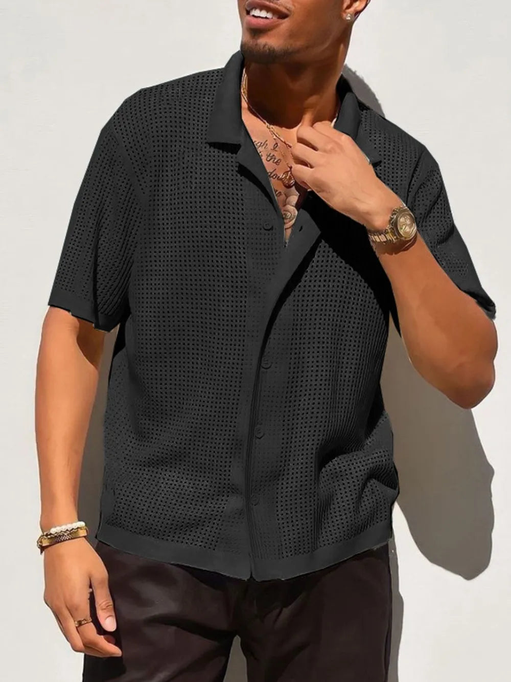 Men's Full Size Openwork Button Down Collared Neck Shirt Plus Size NicholesGifts