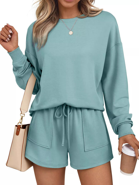 Round Neck Long Sleeve Top and Shorts Set Trendsi
