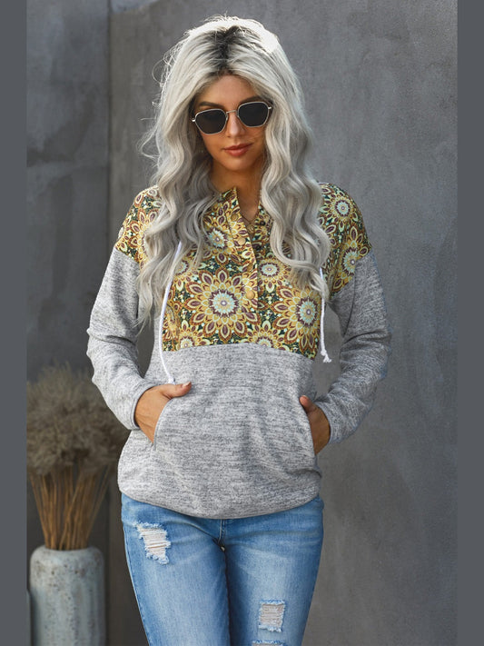 NicholesGifts Women Floral Drawstring Half Snap Hoodie