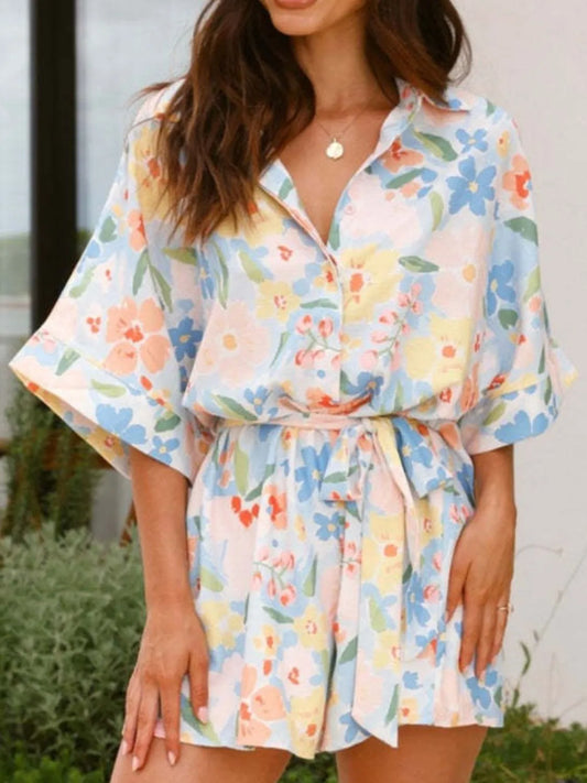 Printed Half Sleeve Tie Waist Romper nicholesgifts