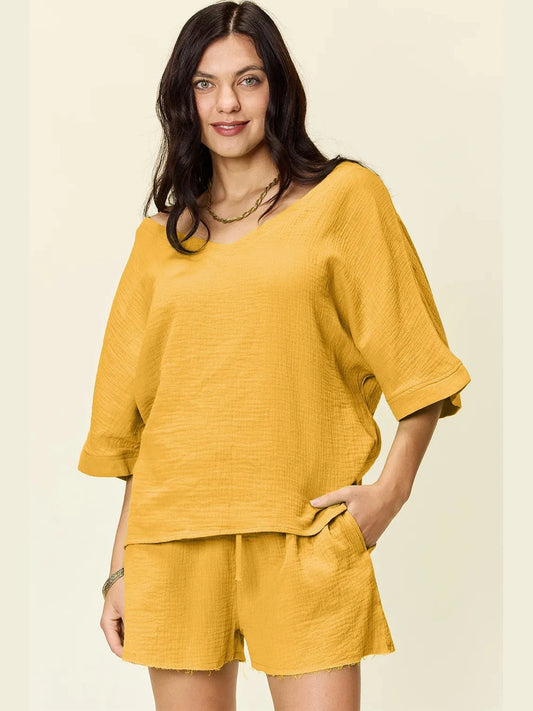 Double Take Texture Half Sleeve T-Shirt and Drawstring Shorts Set NicholesGifts