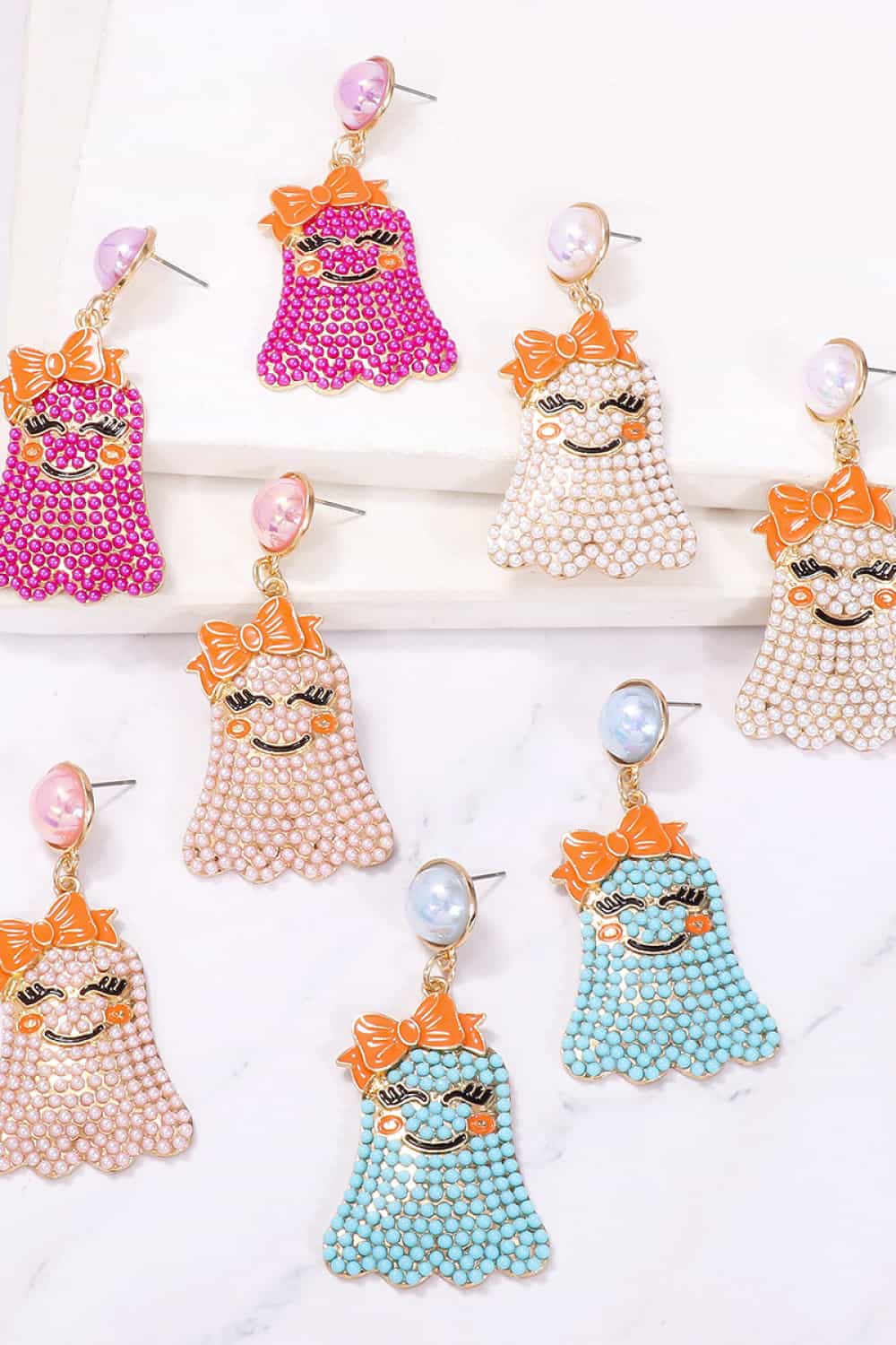 Women Smiling Ghost Shape Synthetic Pearl Earrings NicholesGifts