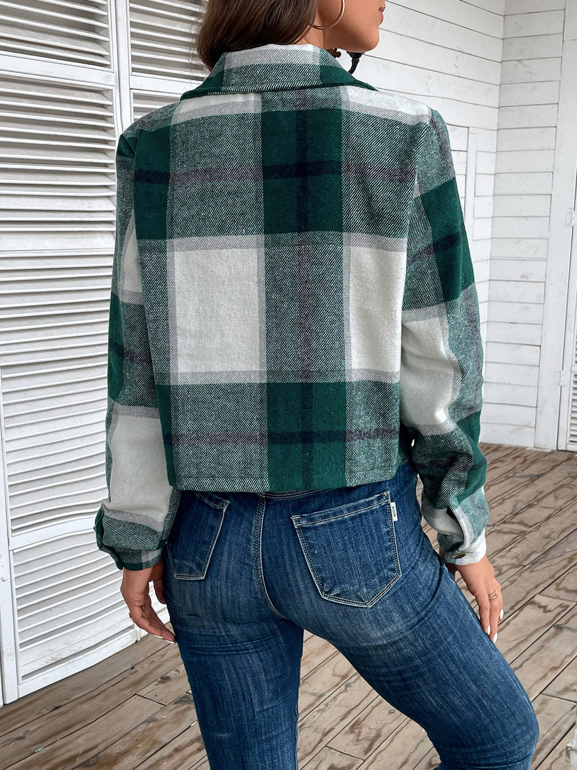 Perfee Plaid Collared Neck Button Up Long Sleeve Jacket NicholesGifts