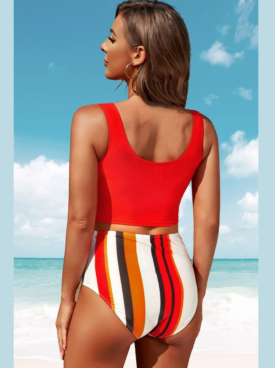 Women Half Snap Square Neck Tankini Set