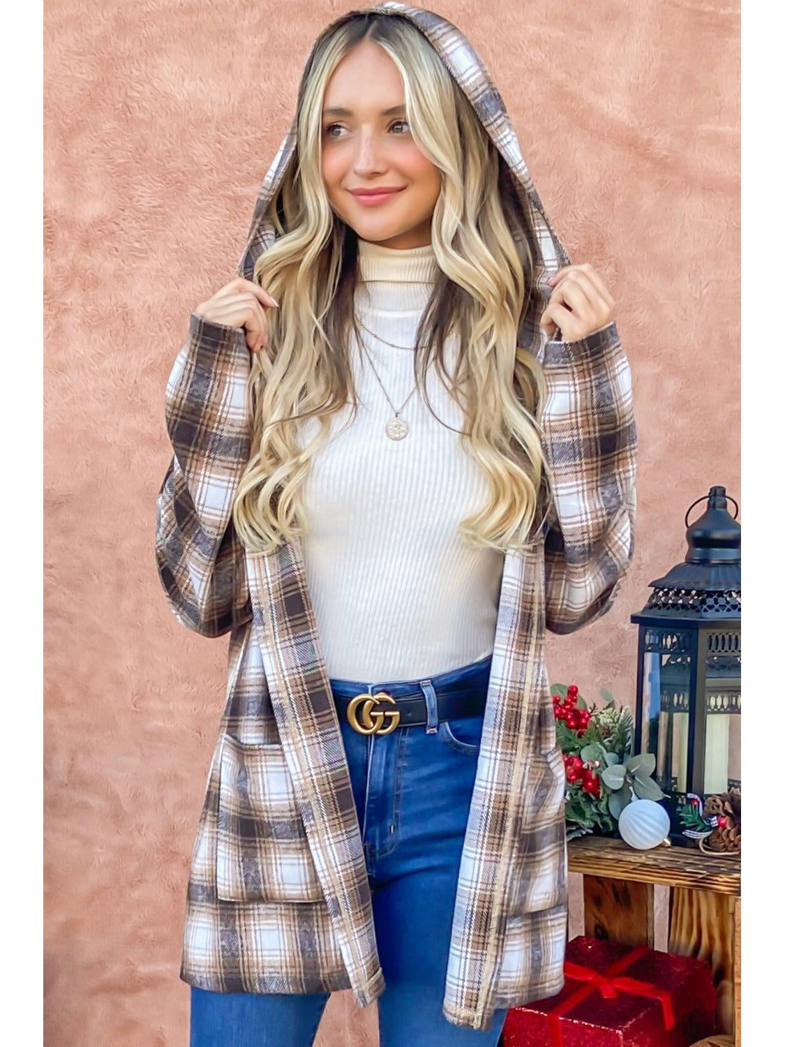 NicholesGifts Women And The Why Plaid Open Front Hooded Shacket NicholesGifts