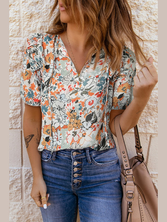 Floral Tie Neck Shoulder Detail Blouse NicholesGifts