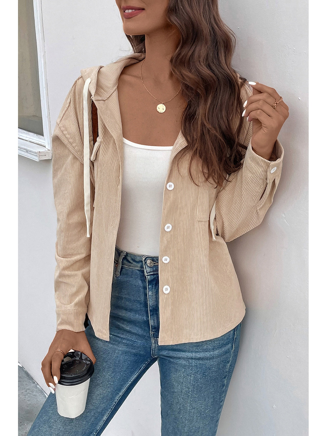 Perfee Ribbed Button Up Drawstring Hooded Jacket NicholesGifts