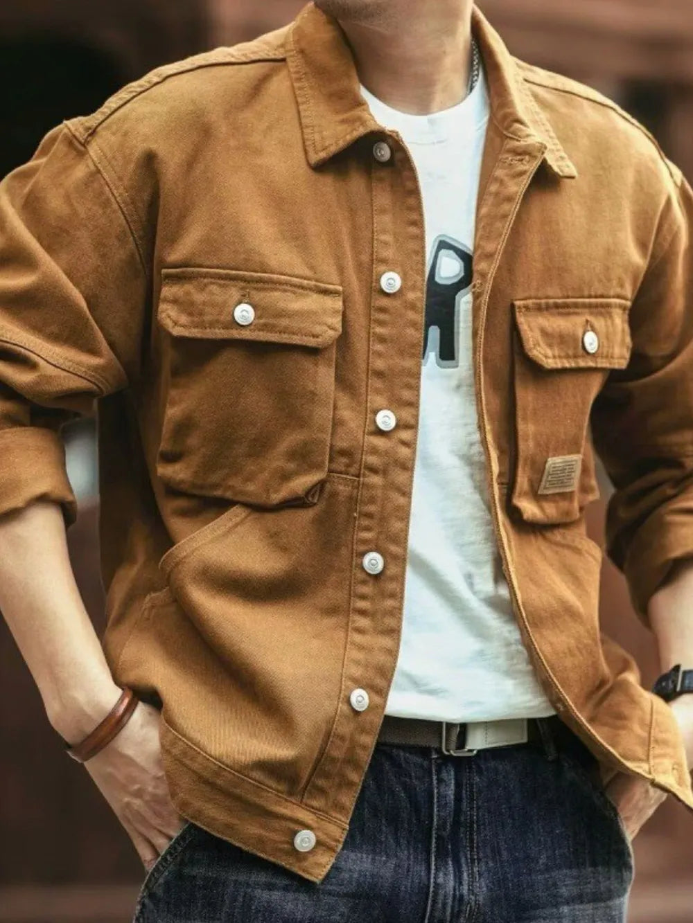 Men's Washed Collared Neck Cargo Jacket Trendsi