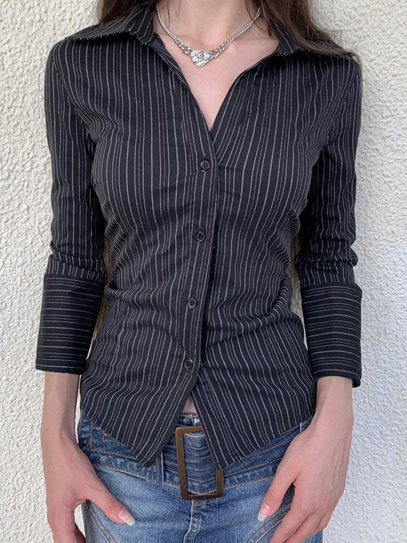 Striped Button-Down Collared Neck Shirt Trendsi