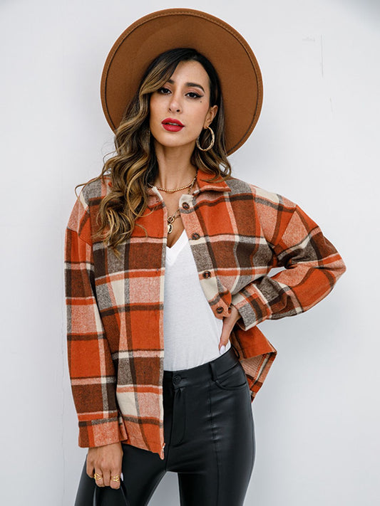Shiny Plaid Button Up Collared Neck Jacket NicholesGifts