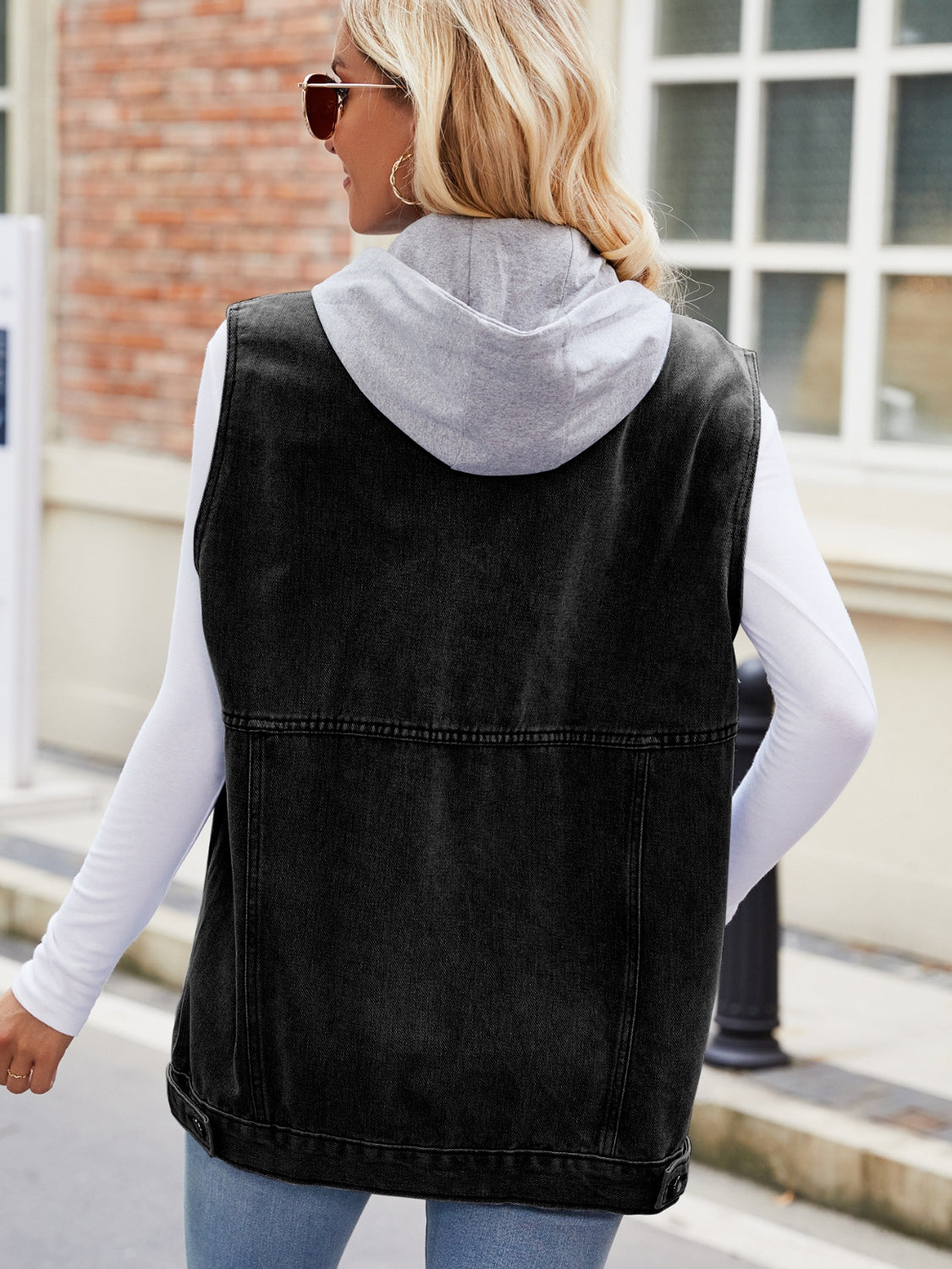 Drawstring Hooded Sleeveless Denim Jacket nicholesgifts